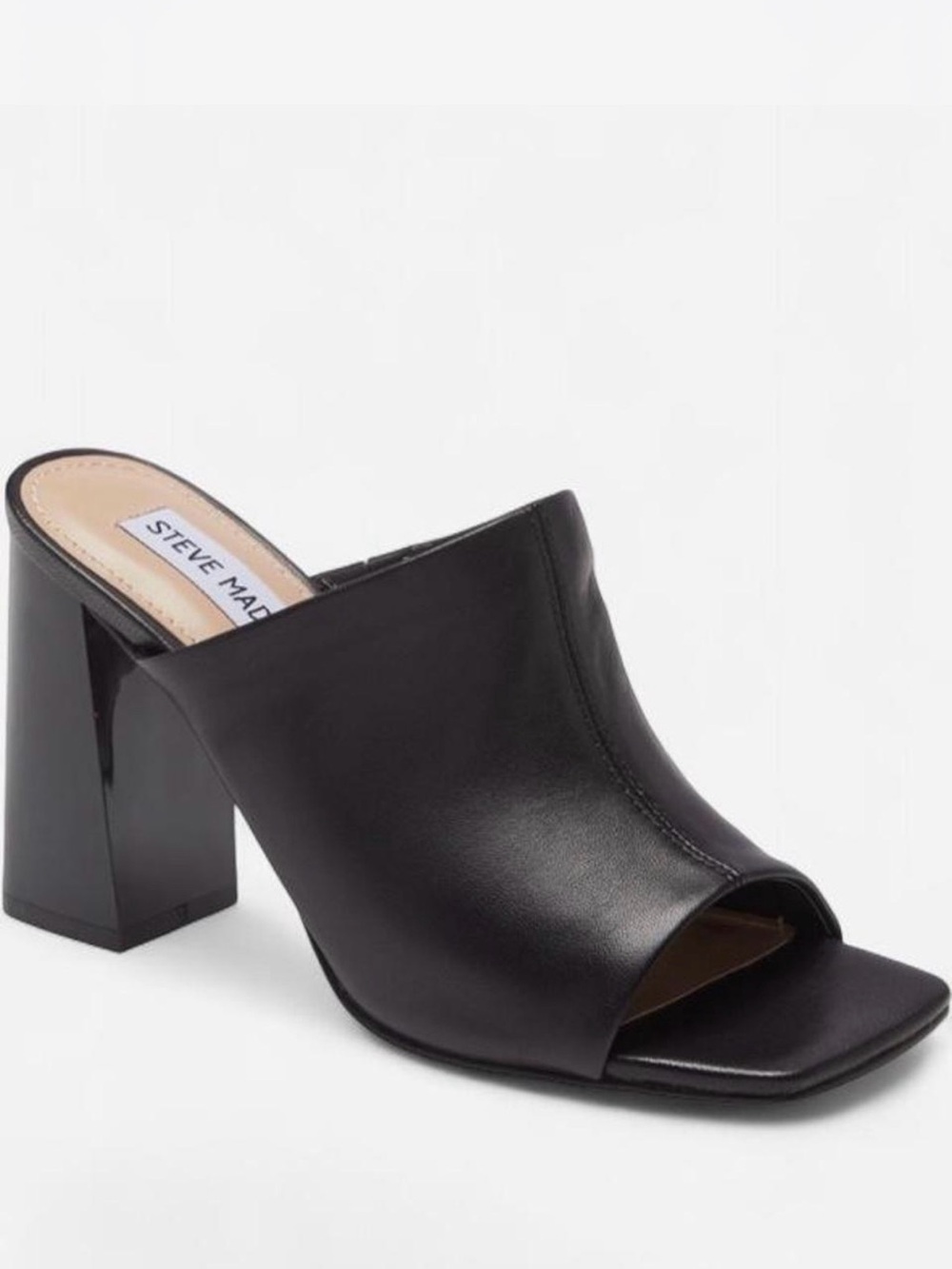 Steve Madden Black Leather Open-Toe Block Heel Mule